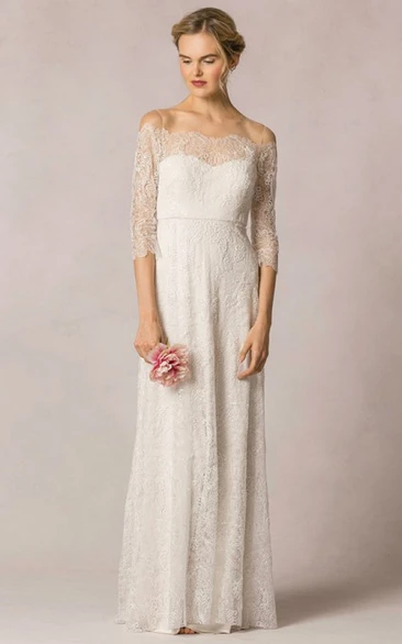 Sheath Off-The-Shoulder Floor-Length 3-4-Sleeve Lace Wedding Dress