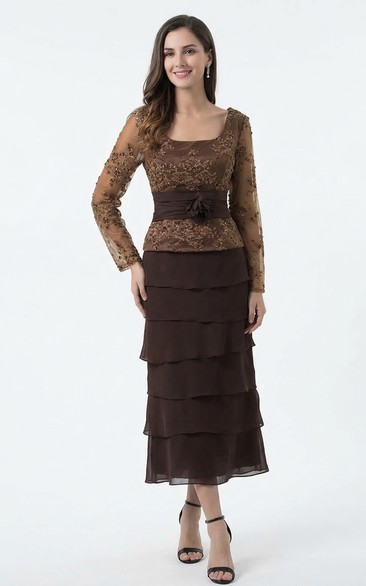 Square-Neck Tiered Gown with Lace Applique