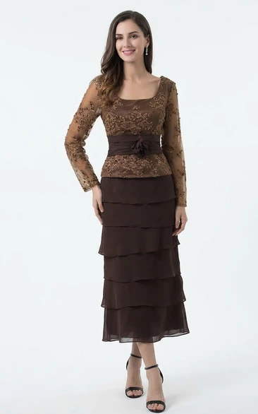 Square-Neck Tiered Gown with Lace Applique