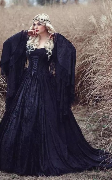 A-Line Lace Scoop Long Sleeve Floor-length Sweep Train Princess Wedding Dress with Pleats