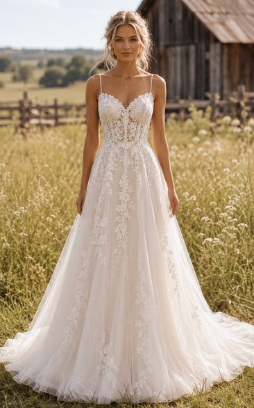 Spaghetti Strap A-Line Lace Country Wedding Dress with Soft Tulle Train