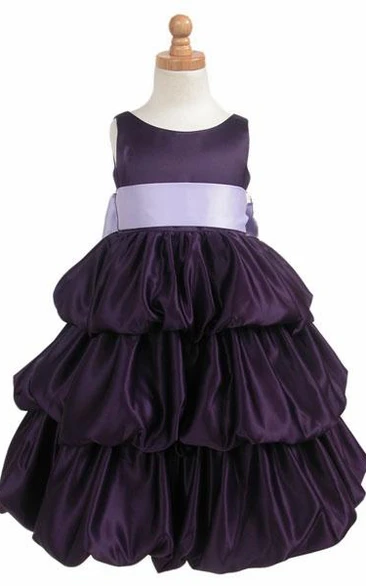 Tiered Sleeveless Satin Flower Girl Dress