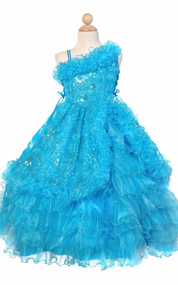 Ruffled Ankle-Length Lace&Sequins Flower Girl Dress With Embroidery