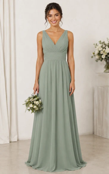 Sage A-Line Chiffon V-Neck Bridesmaid Dress with Straps