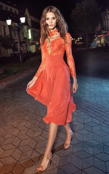 A-Line Knee-Length High Neck Long Sleeve Lace Chiffon Illusion Dress