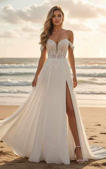 Beach Chiffon Off-the-Shoulder Slit Wedding Dress