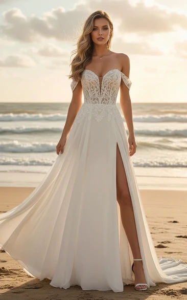 Beach Chiffon Off-the-Shoulder Slit Wedding Dress