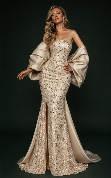 Sequin Prom Dress in Champagne, Strapless Mermaid Sweep Train Gown with Sequins and Cape