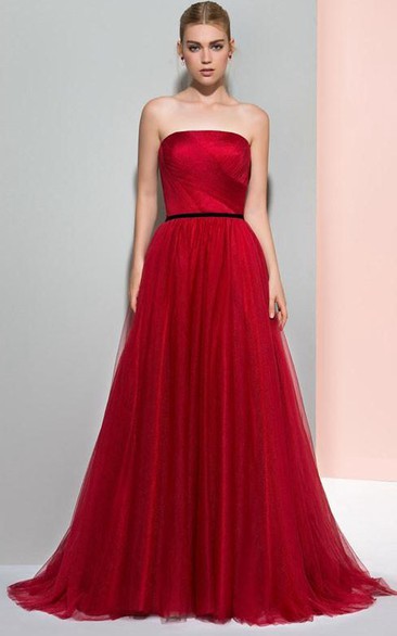 A-Line Strapless Pleats Pleats Court Train Evening Dress