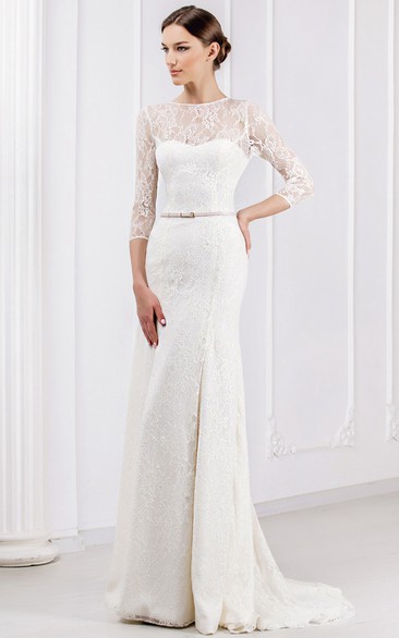 Sheath Ribboned Jewel Neck 3-4 Sleeve Lace Wedding Dress With Brush Train