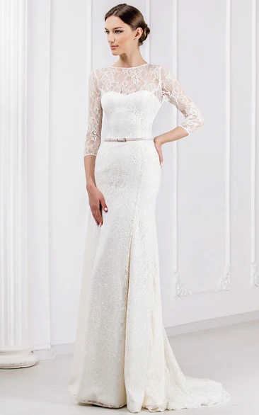 Sheath Ribboned Jewel Neck 3-4 Sleeve Lace Wedding Dress With Brush Train