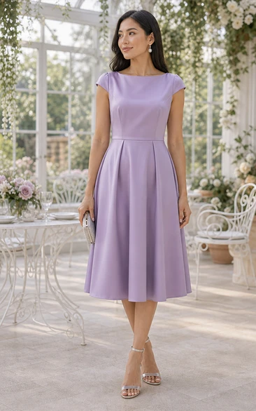 Lilac Satin A-Line Cap Sleeve Knee-Length Dress