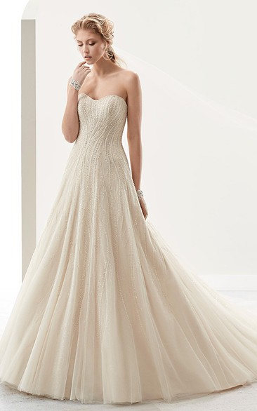 Strapless A-Line Lace Bridal Gown With Sequins And Brush Train