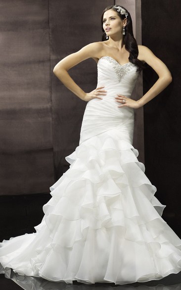 Mermaid Sweetheart Beaded Organza Wedding Dress With Ruching And Tiers