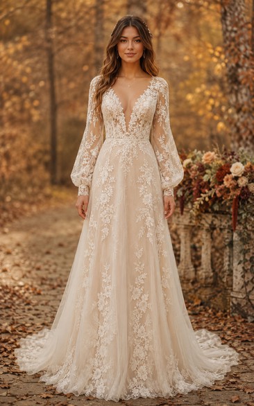 Boho A-Line Wedding Dress Long Sleeve V-Neck Tulle Lace Applique Floor Length Chapel Train Ivory