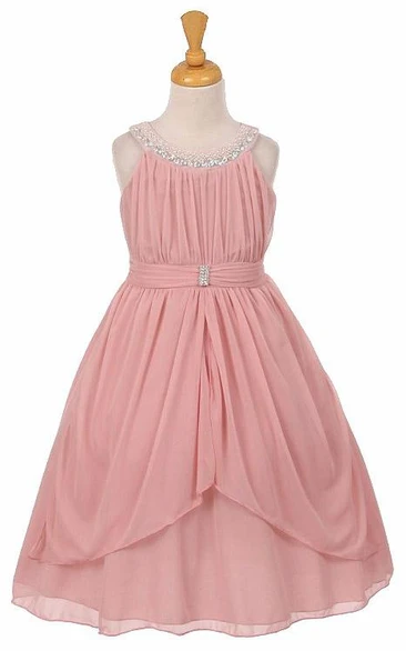 Peplum Tea-Length Pleated Tiered Chiffon&Tulle Flower Girl Dress With Ribbon