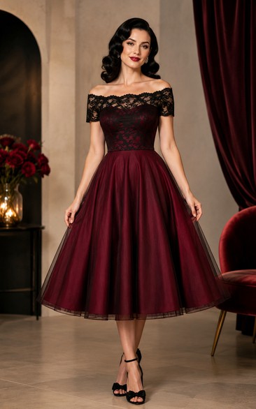 Satin Vintage Cocktail Dress in Burgundy, Off-the-shoulder A-Line Tea-Length Gown with Lace