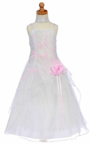Ankle-Length Spaghetti Cape Floral Organza Flower Girl Dress With Straps