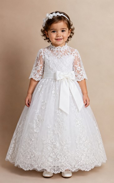 Baby Christening Gown Modest Princess Ball Gown Long Sleeve Illusion Tulle Lace Floor-Length with Bow Sash in White