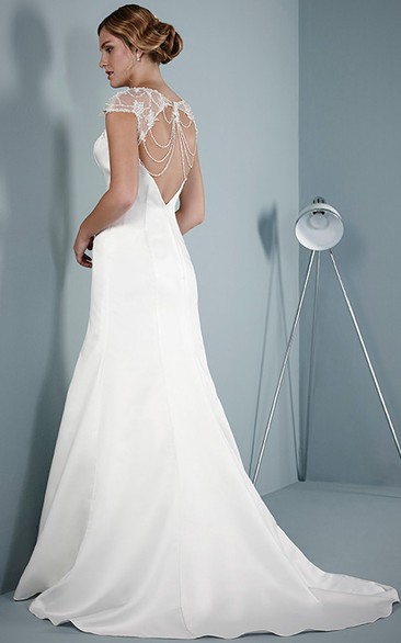 A-Line Cap Sleeve Scoop Neck Beaded Satin Wedding Dress