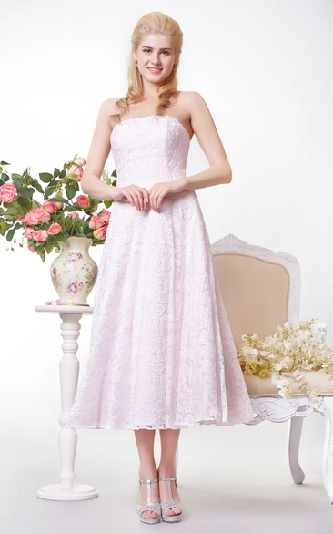 Simple Strapless A-line Lace Tea Length Dress
