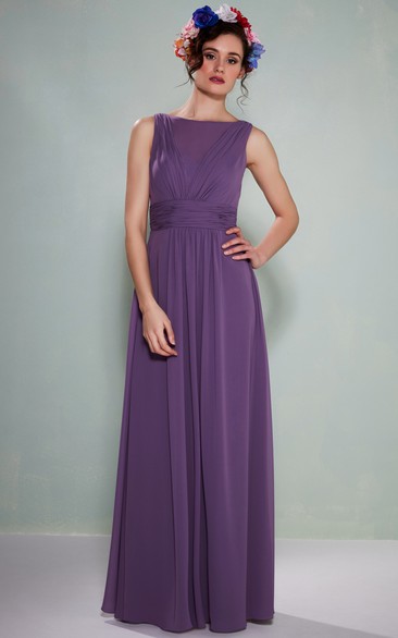 Bateau Neck Ruched Sleeveless Chiffon Bridesmaid Dress With Illusion Back