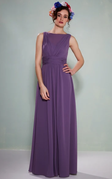 Bateau Neck Ruched Sleeveless Chiffon Bridesmaid Dress With Illusion Back