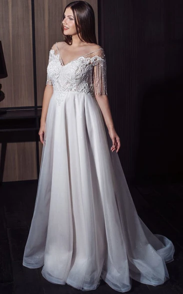 Cowl-neck Off-the-shoulder Plus Size A-line Modest Wedding Dress Crystal Detailings and Lace applique