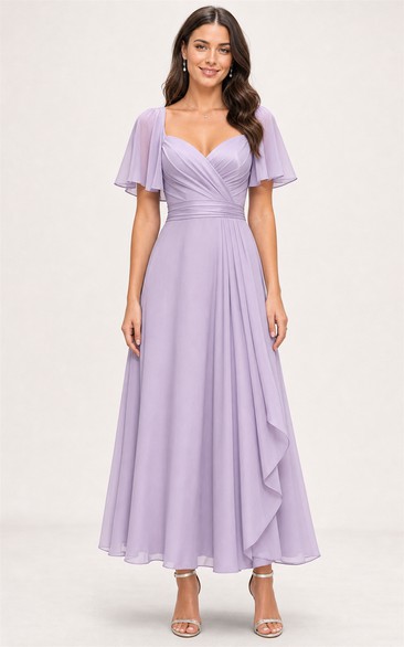 Lavender V-neck Chiffon Tea-Length A-Line Dress