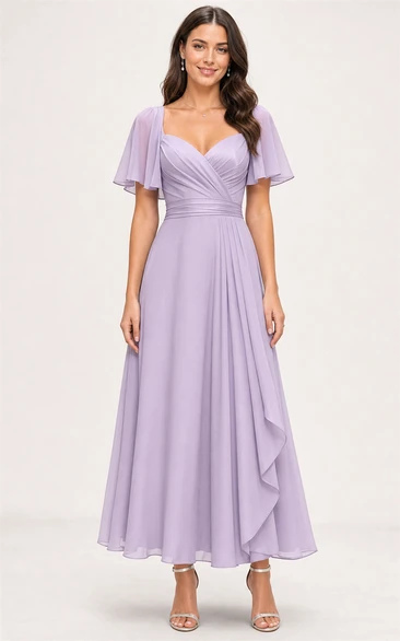 Lavender V-neck Chiffon Tea-Length A-Line Dress