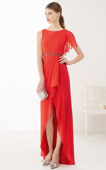 Side Drape Removable Sleeve High Low Chiffon Prom Dress With Front Split