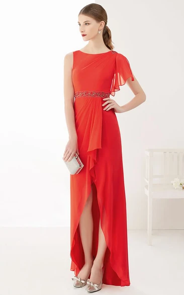 Side Drape Removable Sleeve High Low Chiffon Prom Dress With Front Split