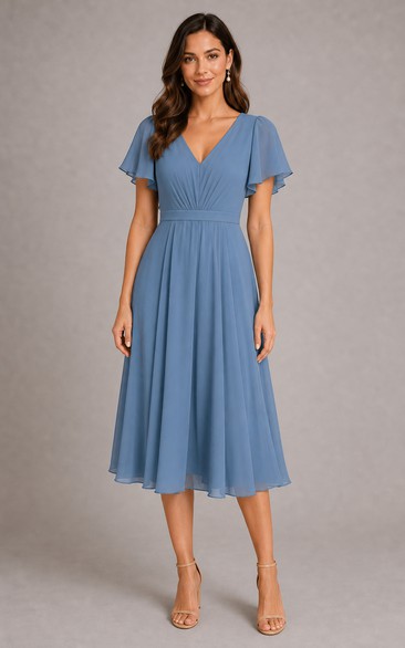 Steel Blue Chiffon V-Neck Tea-Length A-Line Dress with Flutter Sleeves