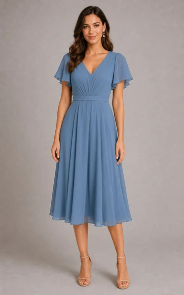Steel Blue Chiffon V-Neck Tea-Length A-Line Dress with Flutter Sleeves