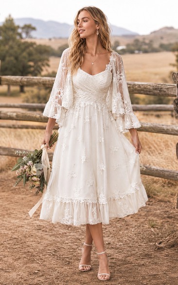 Boho Tea Length Country Wedding Dress with Lace Cape Sleeves, Ruched Bodice & Tiered Midi Skirt
