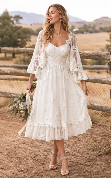 Boho Tea Length Country Wedding Dress with Lace Cape Sleeves, Ruched Bodice & Tiered Midi Skirt