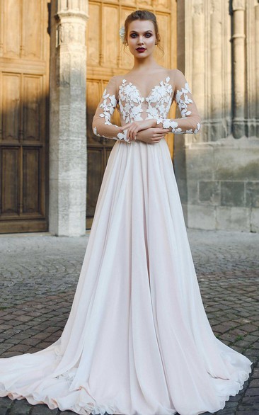 Bateau Illusion Long Sleeve Appliqued A-Line Chiffon Elegant Wedding Dress