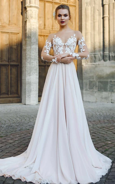 Bateau Illusion Long Sleeve Appliqued A-Line Chiffon Elegant Wedding Dress
