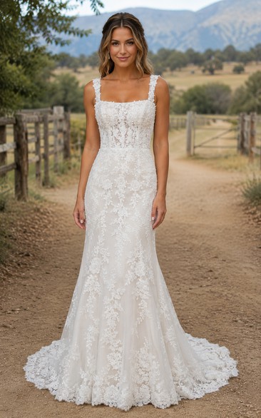 Square Neck Mermaid Lace Country Wedding Dress with Straps and Chapel Train