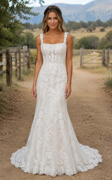 Square Neck Mermaid Lace Country Wedding Dress with Straps and Chapel Train