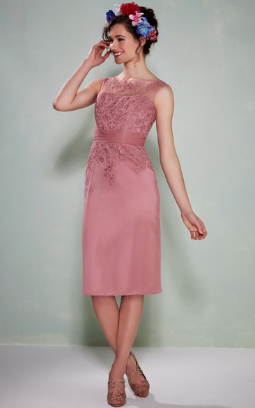 Knee-Length Sleeveless Bateau Neck Appliqued Satin Bridesmaid Dress