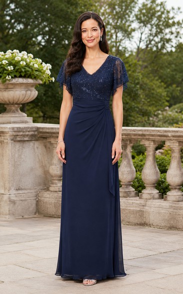 A-Line Lace Mother of the Bride Dress with V-neck, Short Sleeve and Lace Ruching, Floor Length