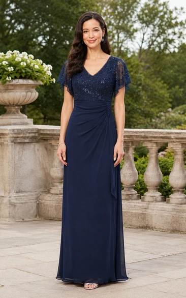 A-Line Lace Mother of the Bride Dress with V-neck, Short Sleeve and Lace Ruching, Floor Length