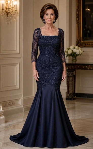 Dark Navy Mermaid Lace 3/4 Sleeve Satin Train Mother Dress