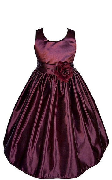 Sleeveless A-line Taffeta Dress With Pleats and Flower