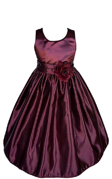 Sleeveless A-line Taffeta Dress With Pleats and Flower