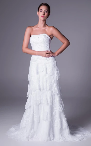 A-Line Tiered Sleeveless Strapless Floor-Length Tulle Wedding Dress With Appliques And Beading