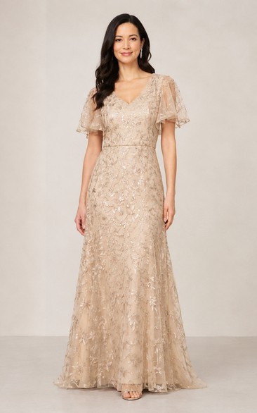 A-Line Lace Mother of the Bride Dress with V-neck, Short Sleeve and Lace Appliques, Floor Length