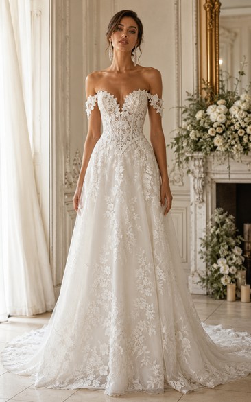 Off-the-Shoulder Lace A-Line Vintage Wedding Dress
