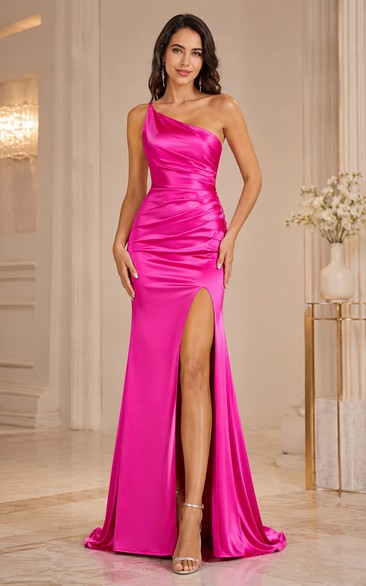 Satin Prom Dress in Fuchsia, One-Shoulder Mermaid Sweep Train Gown with Ruching